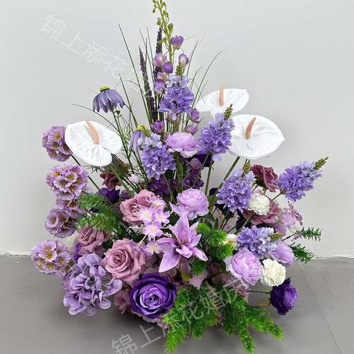 婚庆彷真花紫色地排花森系花艺道具婚礼背景美陈布置路引装饰假花