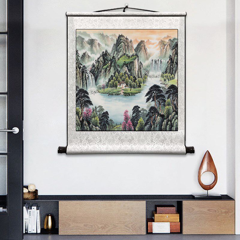 正方形山水画卷轴挂画客厅玄关办国画