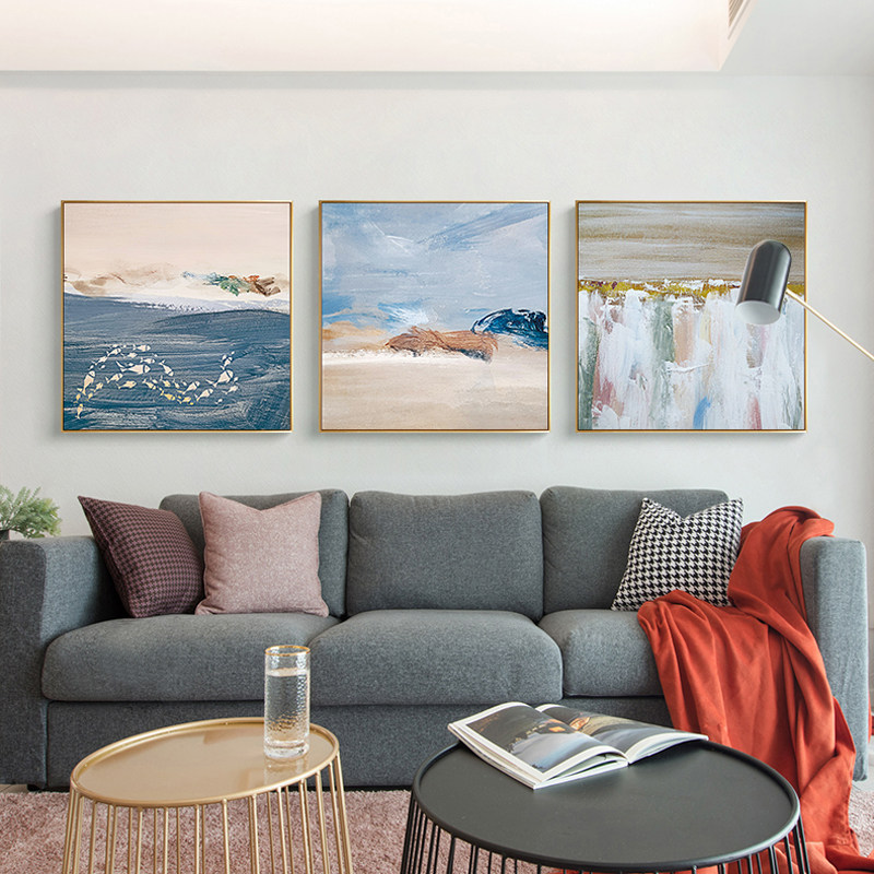 客厅装饰画抽象三联画现代艺术新水彩河流游鱼油画正方形挂画,家居饰品,现代装饰画,淘宝优惠券,粉丝福利购,淘宝优惠卷