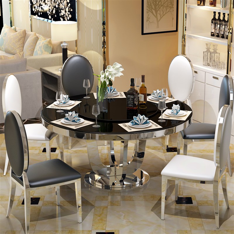 大理石餐桌椅现代圆桌饭桌 小户型不锈钢圆形餐桌带转盘
