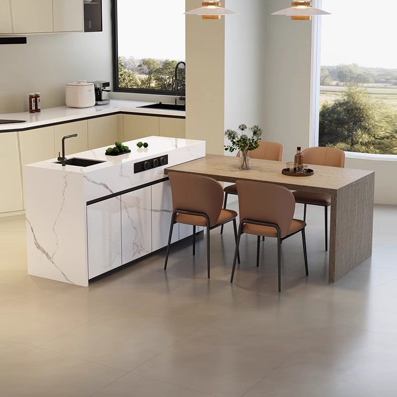 奶油风旋转岩板岛台餐桌一体可伸缩鱼肚白导台加餐桌一体木纹餐台