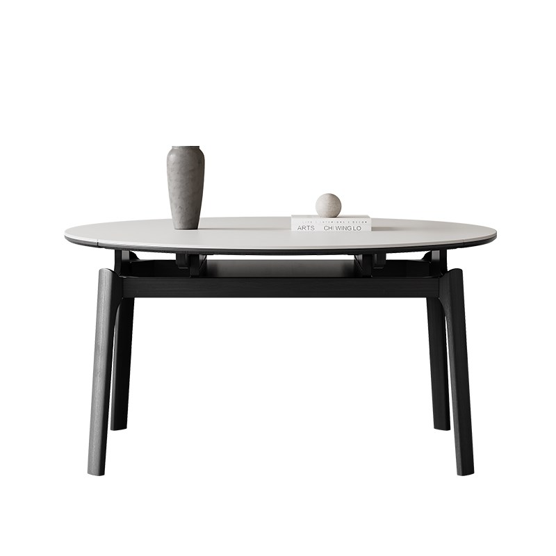 复古实木圆形餐桌现代简约黑色全托意式极简客厅家用伸缩岩板餐桌