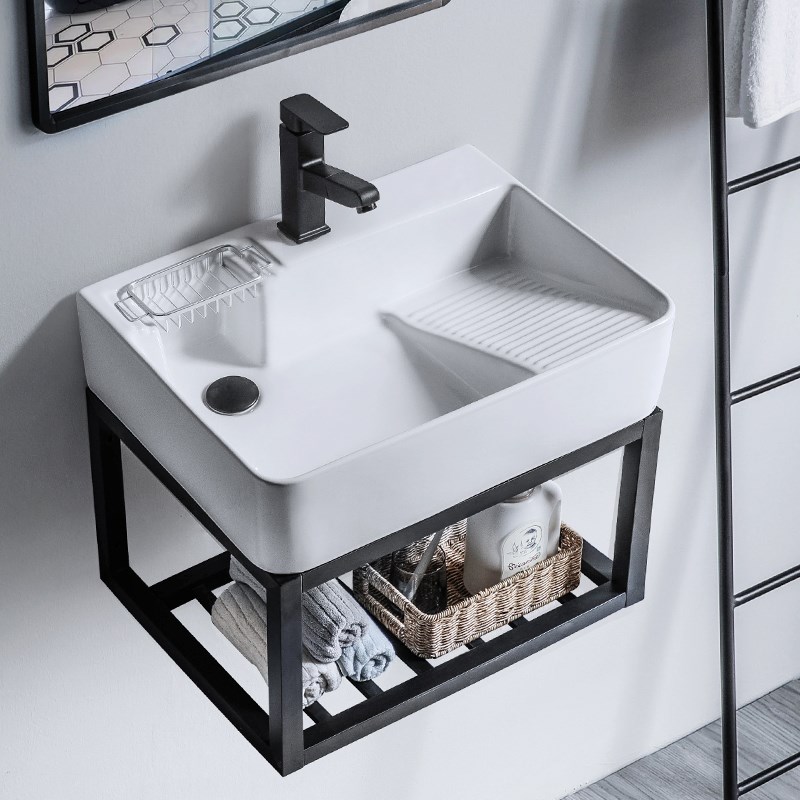 新款高档挂墙式陶瓷洗衣盆右侧搓衣板 52 60 68长W阳台壁挂洗衣槽