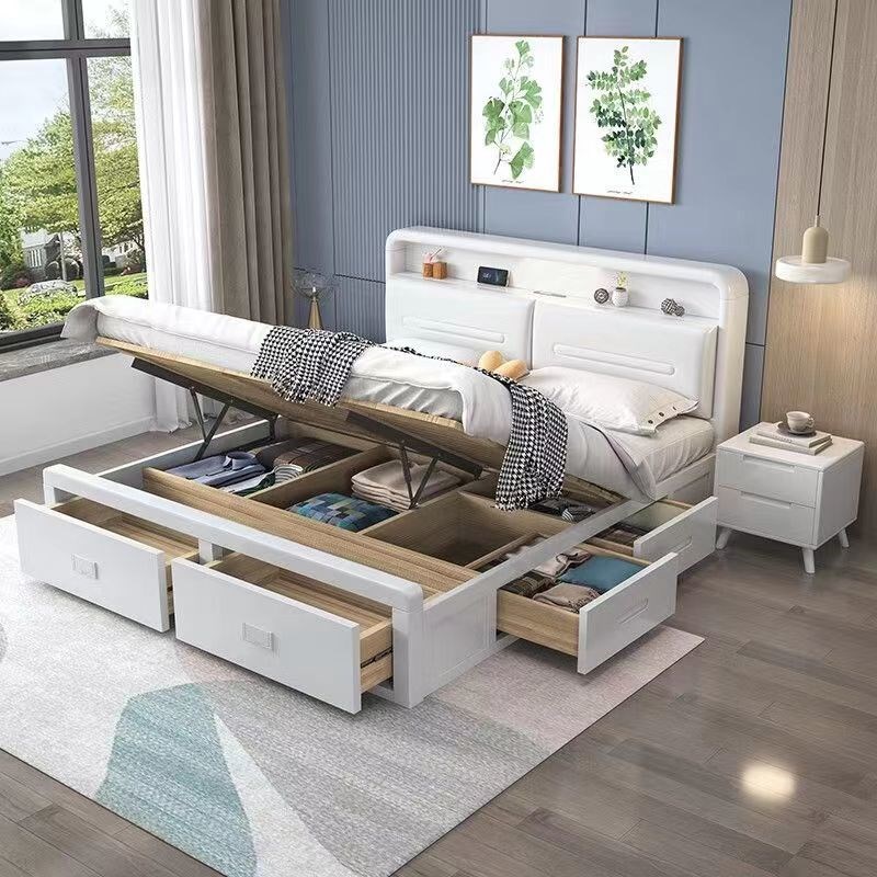 北欧实木床1米g8双人床全实木简约白色1米5高箱储物带抽屉2025新