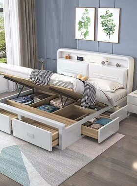 北欧实木床1米g8双人床全实木简约白色1米5高箱储物带抽屉2025新