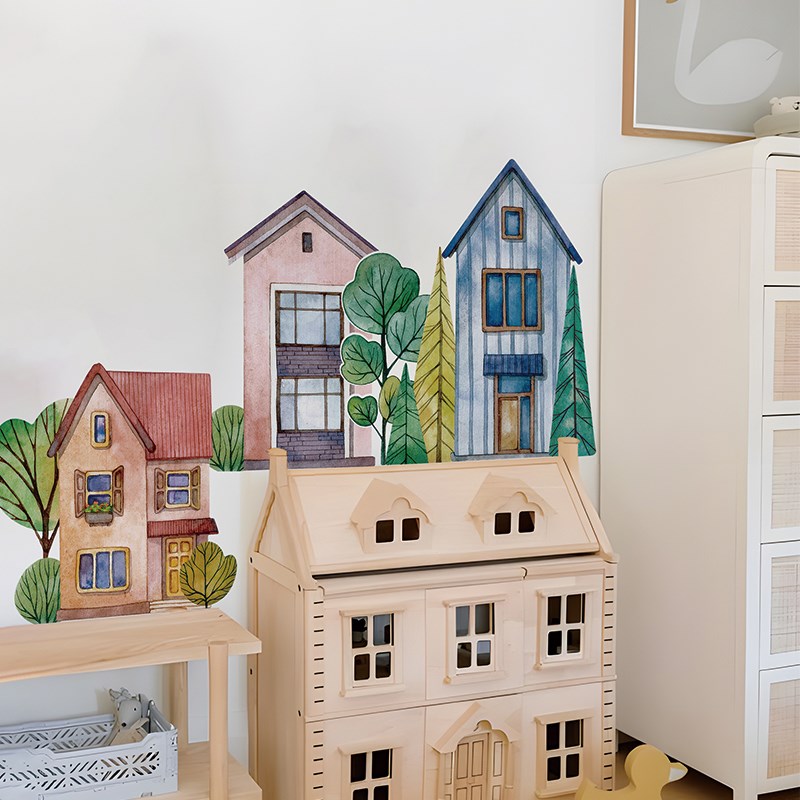 丹麦儿童房绘本风墙贴田园房子插画爱装饰幼儿园不布纹贴纸