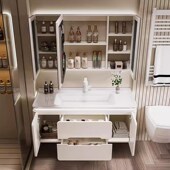 橡木烤漆浴室柜陶瓷一体盆洗手洗脸盆柜奶油风洗漱台池