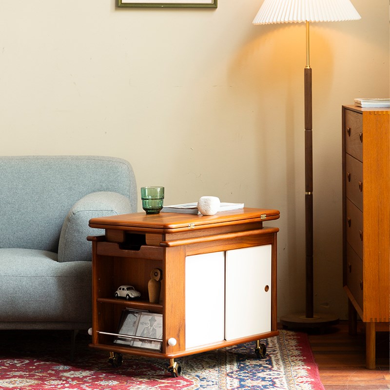 萨得船长柚木可折叠茶几推车可升降小户型客厅沙发边几侧边柜