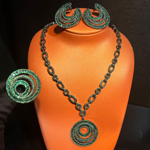 【原创设计】祖母绿印巴微镶锆石几何珠宝套装小众重工高端项