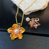 珍珠款 春夏银杏叶可调节项链碎石天然水晶时尚 开口戒指 高定款