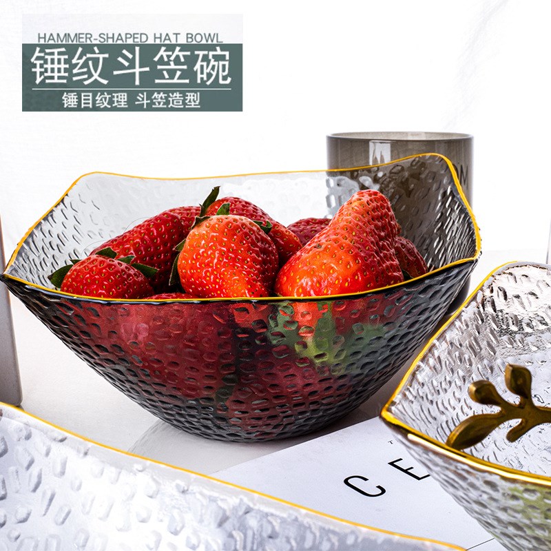 个性四方斗笠玻璃锤纹描金沙拉碗水果碗甜品碗家用餐具碗餐具套装