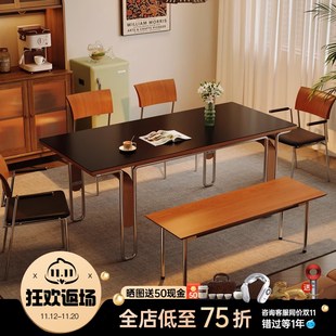 复古实木岩板餐桌小户型家用现代简约轻奢黑色岩板餐桌 木小咖法式