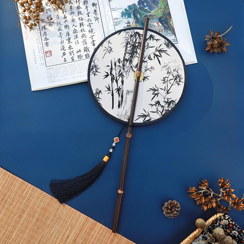 知喜扇子古风团扇水墨竹紫竹长款卷折叠竹扇面古风汉服古风腰扇