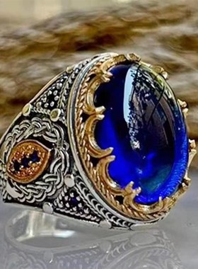 欧美工匠镶钻蓝色宝石y雕花戒指复古男戒指高级时尚