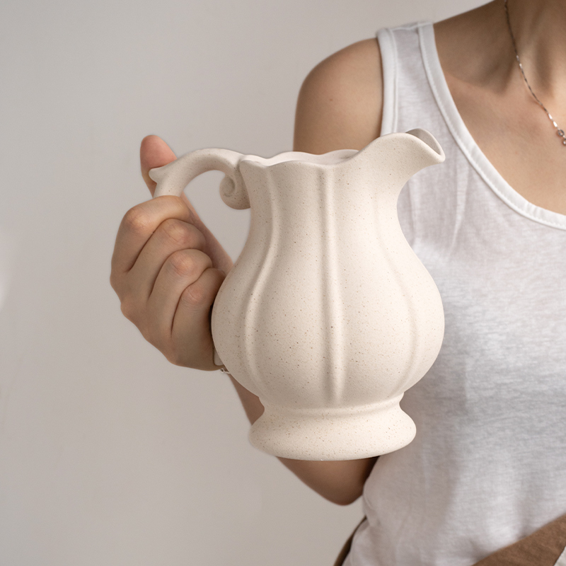 小悠家侘寂风素烧磨砂南瓜花瓶水培鲜花O装饰提壶陶瓷水壶摆