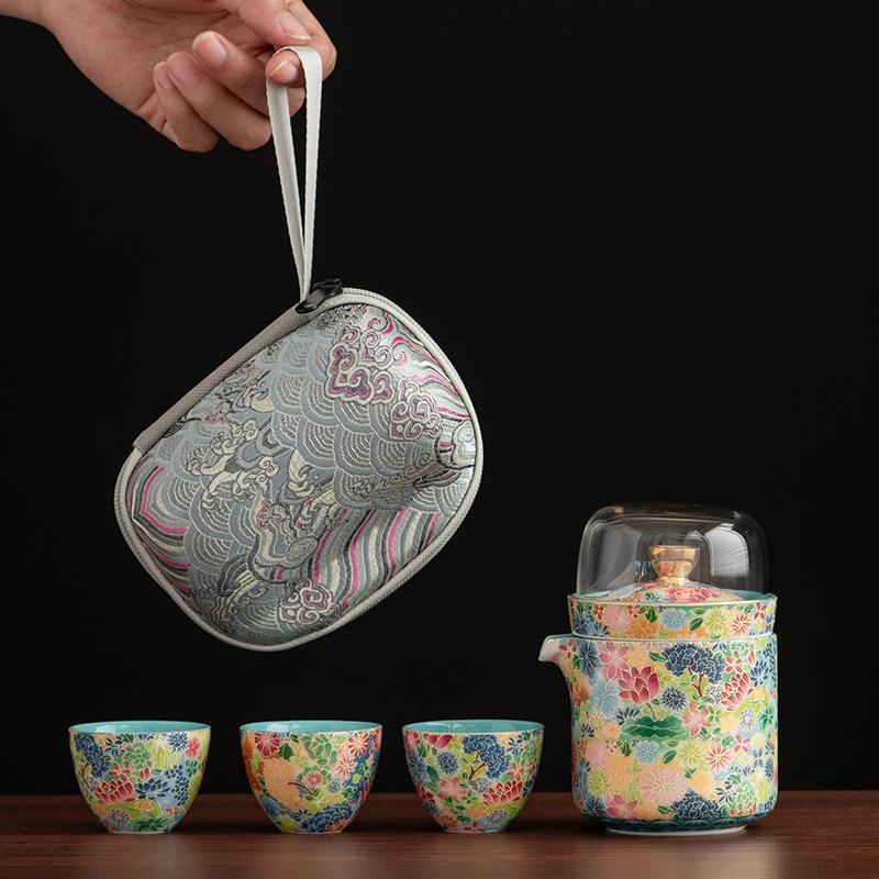 几欢珐琅彩旅行茶具套装快客杯一壶四杯便携包泡茶壶茶杯户外露营