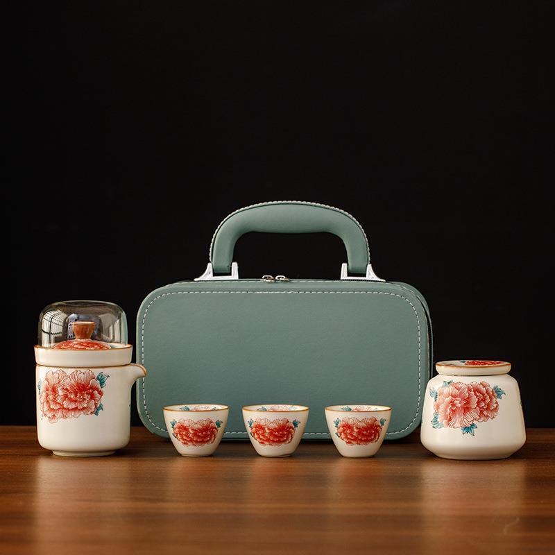 几欢汝窑牡丹快客杯便携式户外一壶四杯喝茶装备功夫旅行茶具套装