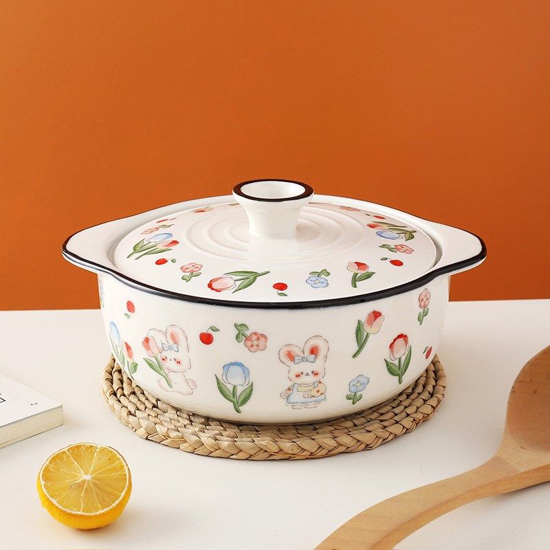 兔萝莉 酸菜鱼盆碗双耳带盖汤碗大号家用水煮肉片毛血旺陶瓷汤盆