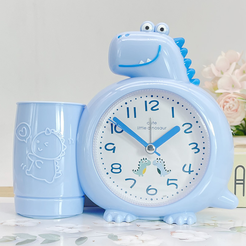 儿童可爱卡通个性恐龙男孩笔筒闹钟学生家用时钟创意小朋友闹钟表