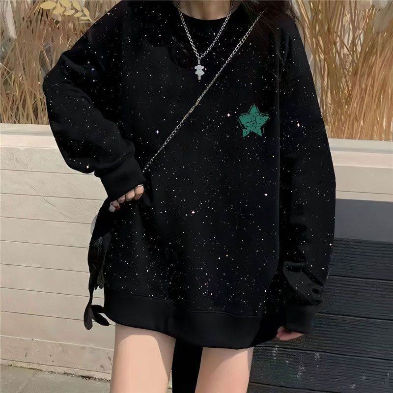 秋春季新款外穿中长款满天星卫衣长袖女士黑色宽松显瘦休闲风上衣