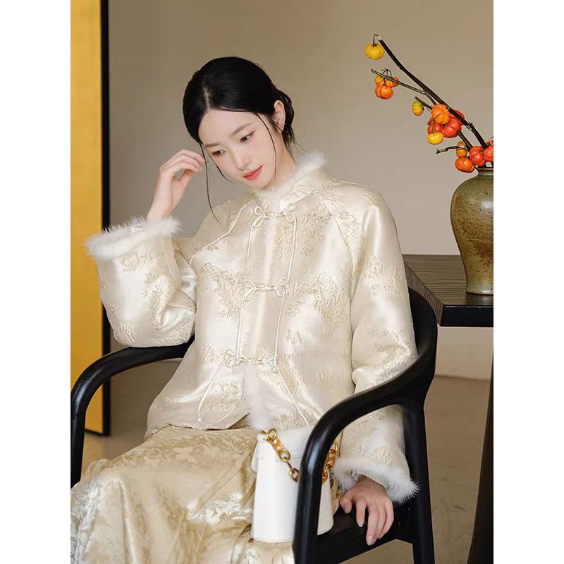 新中式国风外套冬季改良唐装年轻款茶服盘扣提花棉衣气质上衣