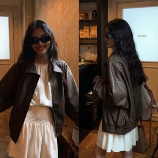 棕色复古PU皮衣外套女秋新款韩版宽松小个子机车夹克上衣