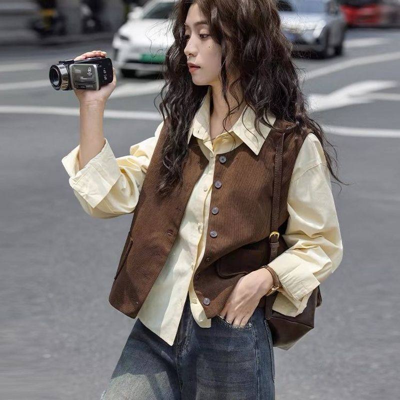 灯芯绒马甲 2025夏季新款叠穿无袖外套咖啡色宽松外穿背心女
