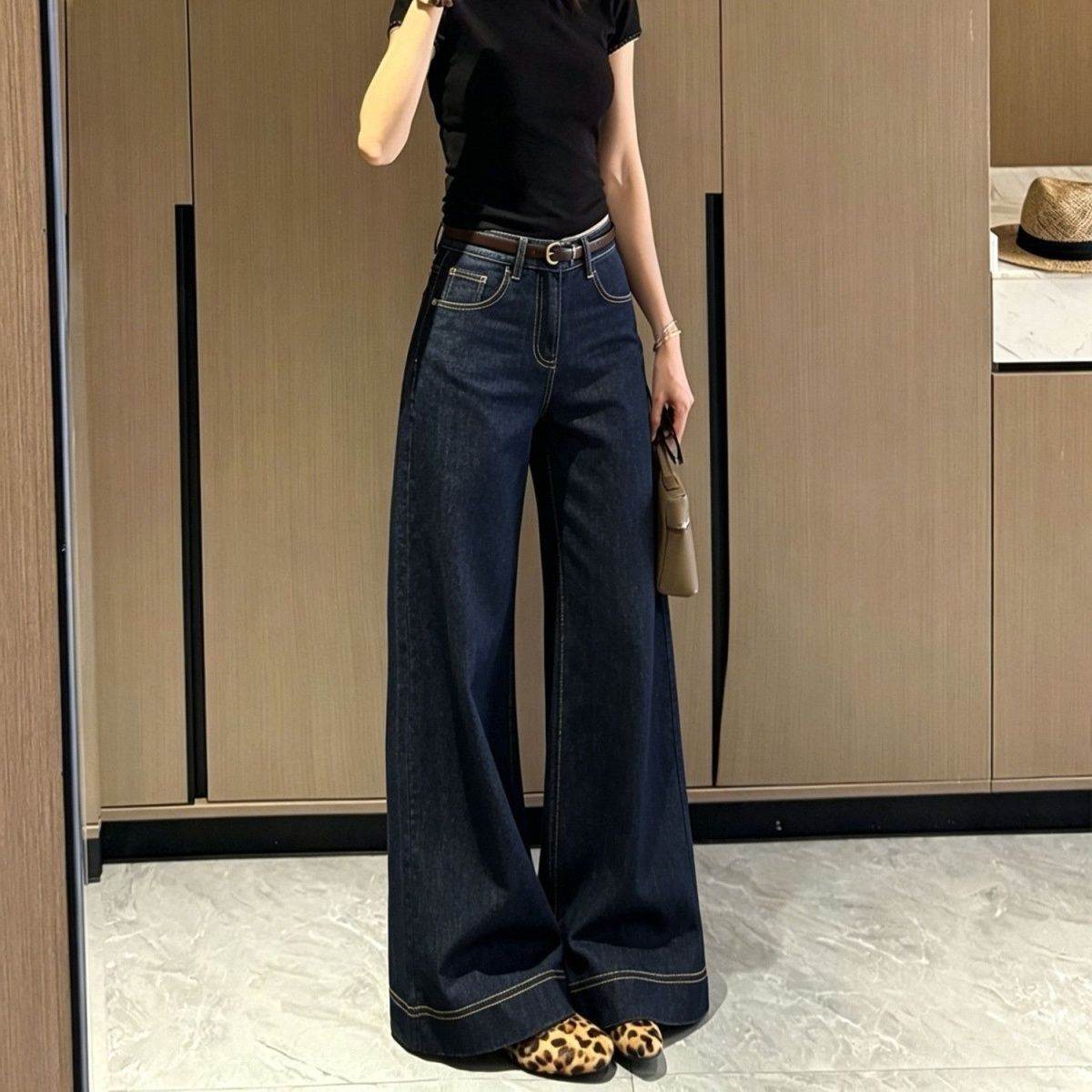 丹宁蓝弹力高腰微喇牛仔裤女2026夏季新款宽松不贴腿马蹄喇叭裤子