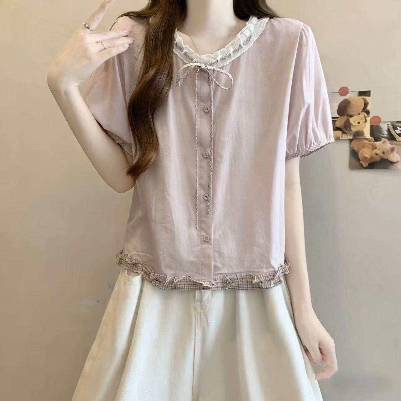短袖衬衣胖大码女装2026夏季新款设计感木耳边下摆上衣短款小衫