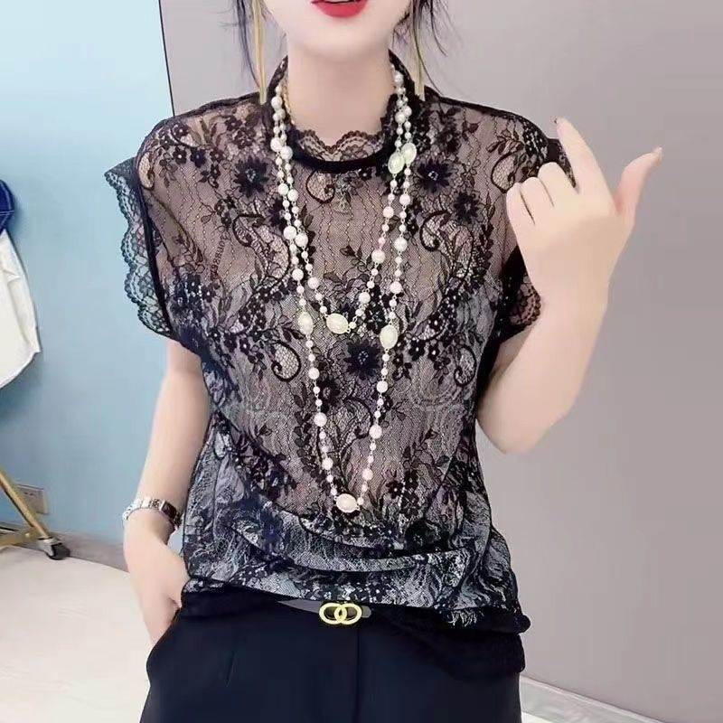 春夏季薄款蕾丝无袖打底衫新款气质坎袖高档黑色蕾丝韩版小衫上衣