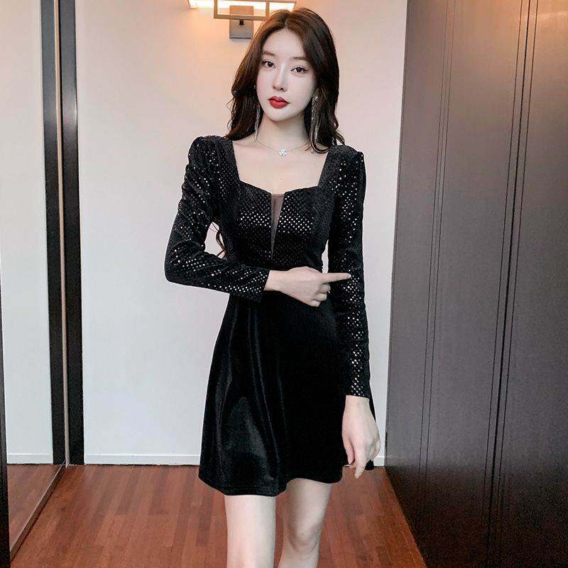 夜店女装低胸夜总店连衣裙秋冬季长袖夜场上班衣服足浴性感工作服