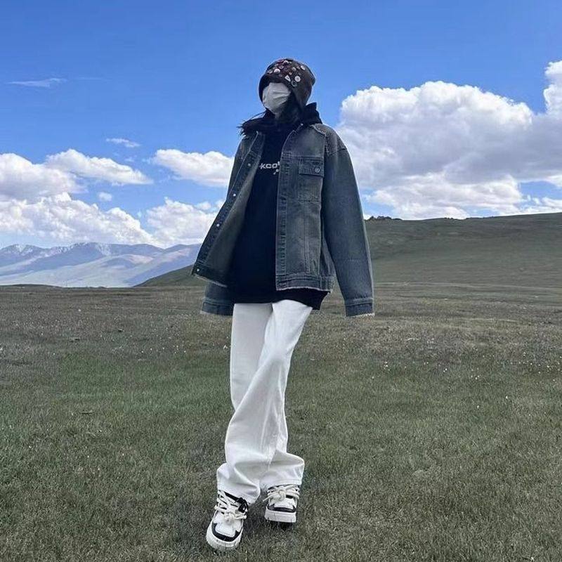 高个子175加长白色阔腿牛仔裤女春秋高腰宽松百搭直筒垂感拖地裤