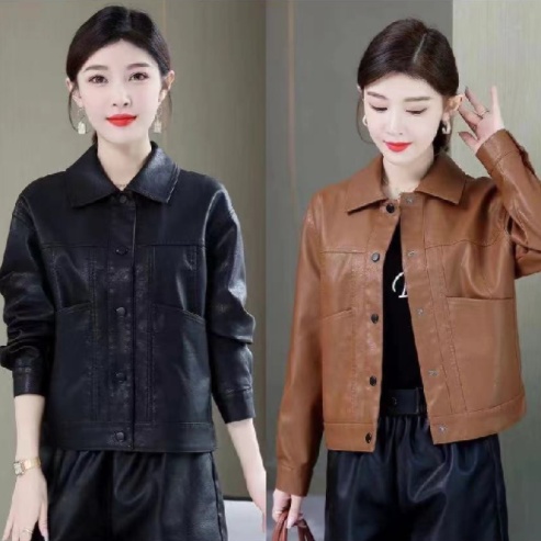 不裂皮高档女装洋气春秋冬翻领女士休闲时尚皮衣