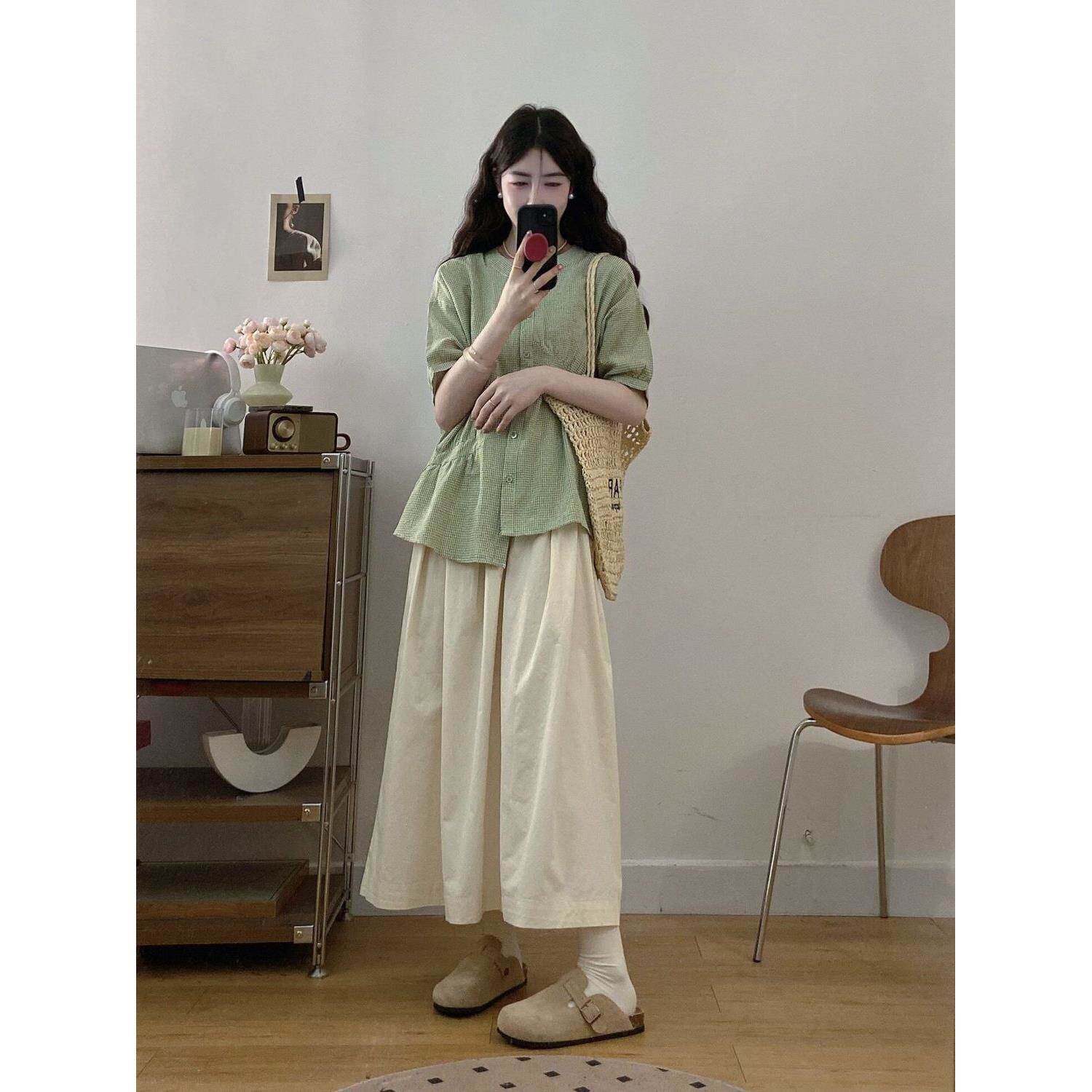 夏装搭配一整套女大码微胖遮肉显瘦衬衫上衣半身裙两件套装裙子