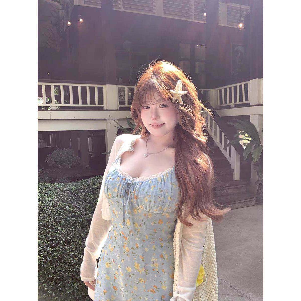 大码女装碎花连衣裙女夏季甜美气质修身显瘦吊带裙子防晒开衫套装