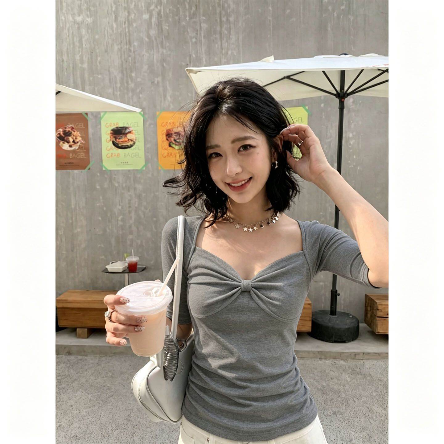 黑色方领七分袖恤女夏季慵懒风天蓝色设计蝴蝶结修身显瘦上衣