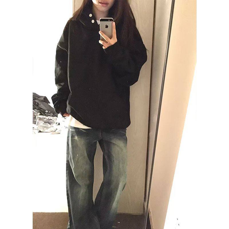 不起球  纯棉重磅美式纽扣连帽卫衣女秋冬新款宽松情侣高街上衣男