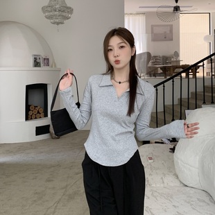 大码正肩显瘦POLO领长袖T恤女2023年秋季纯色打底衫微胖遮肚上衣