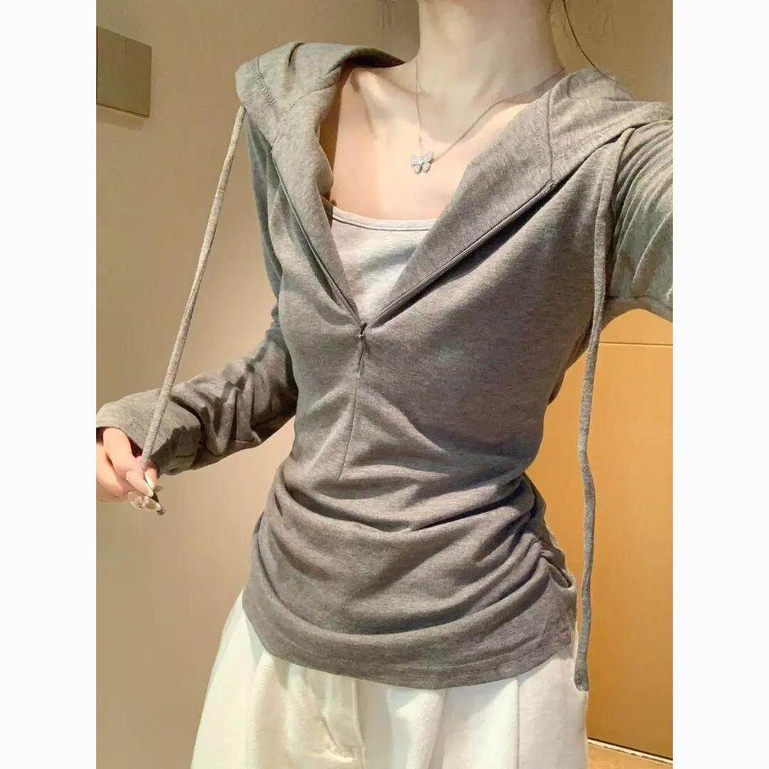 系灰色假两件连帽长袖恤女早秋冬设计感半拉链修身打底衫上衣