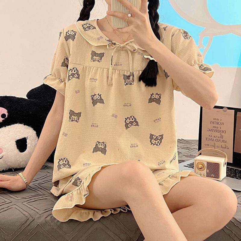睡衣女夏学生少女甜美可爱泡泡绉短袖短裤薄款韩版家居服套装