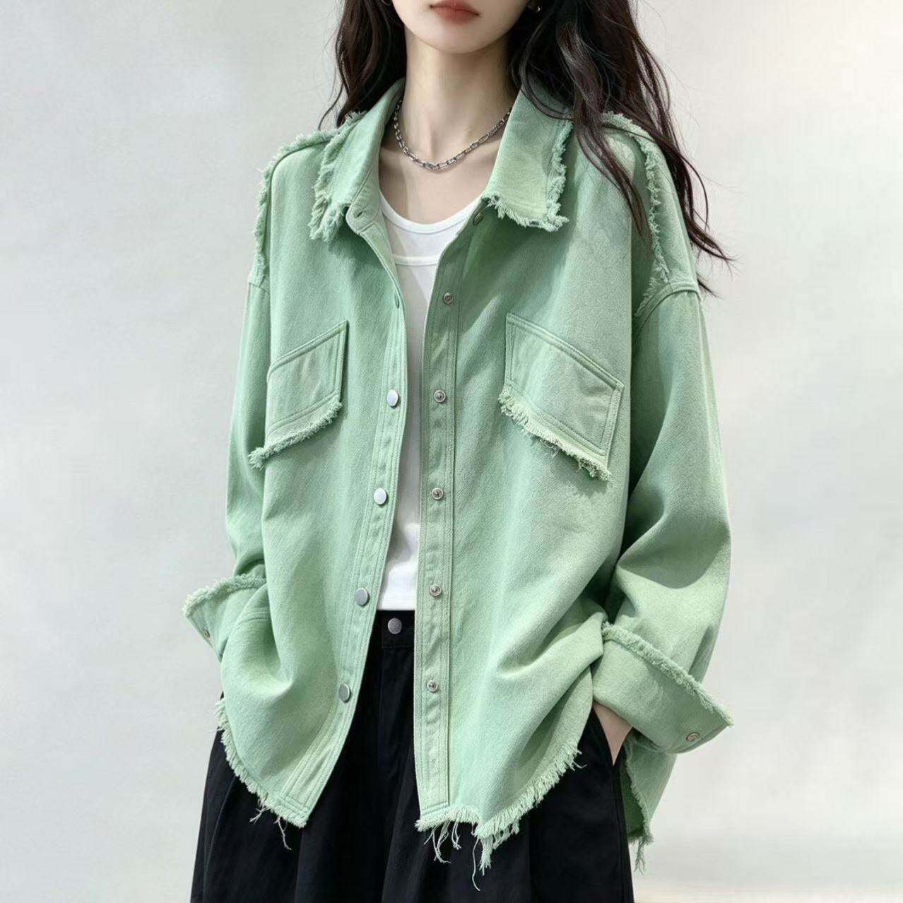 欧货破洞牛仔衬衫外套女士春秋高级洋气减龄艺术系遮肉上衣十三行
