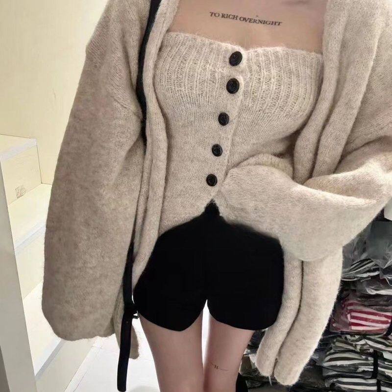 抹胸开衫两件套毛衣针织外套秋冬新款背心慵懒上衣套装
