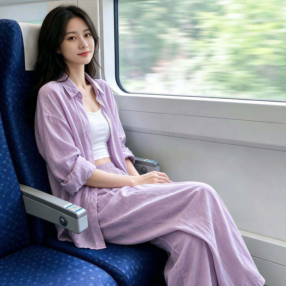 韩系紫色防晒套装女2026夏季新款轻薄透气衬衫阔腿裤慵懒风两件套