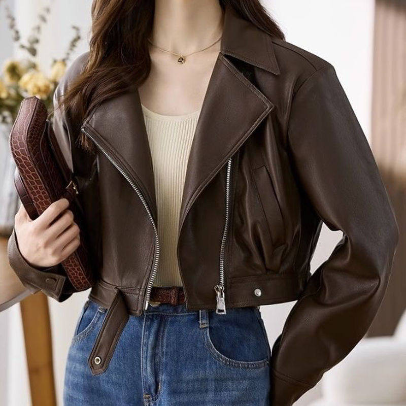 2025春秋今年流行短款小皮衣咖色翻领机车服外套设计感pu皮夹克女