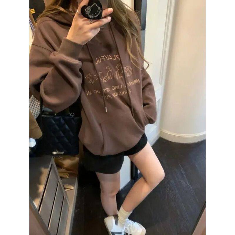 韩系小众ins设计感慵懒风连帽卫衣女秋冬季加绒加厚咖色百搭上衣