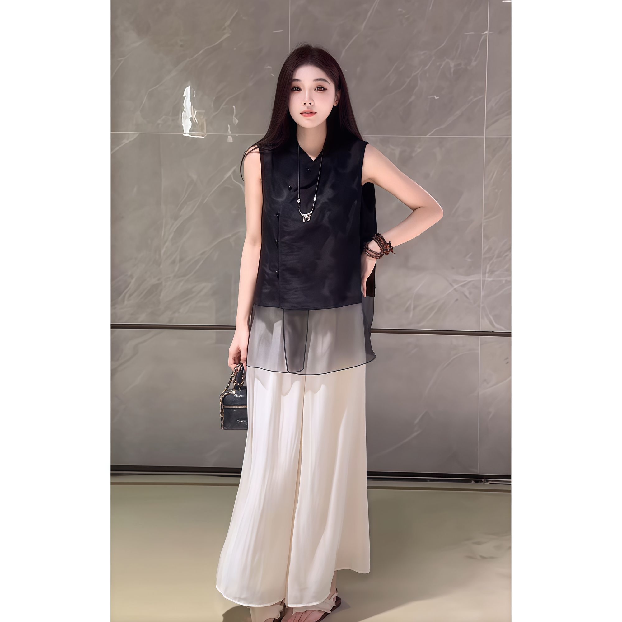 新中式立领盘扣无袖衬衫女夏季新款宽松显瘦小衫网纱拼接提花上衣