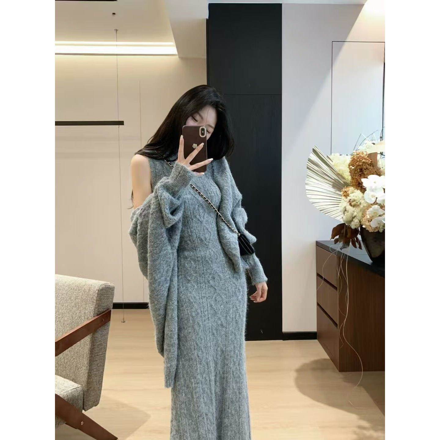 法式时尚针织套装女秋冬新款时尚气质宽松显瘦毛衣背心长裙两件套