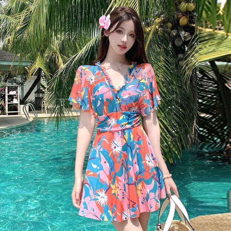 2025新款泳衣连体女士V领性感温泉衣大码泳裙网纱套装短袖带钢托