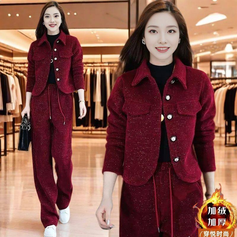 时尚加绒套装女秋冬韩版洋气休闲短款外套宽松运动阔腿裤两件套潮
