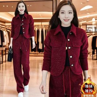 时尚加绒套装女秋冬韩版洋气休闲短款外套宽松运动阔腿裤两件套潮